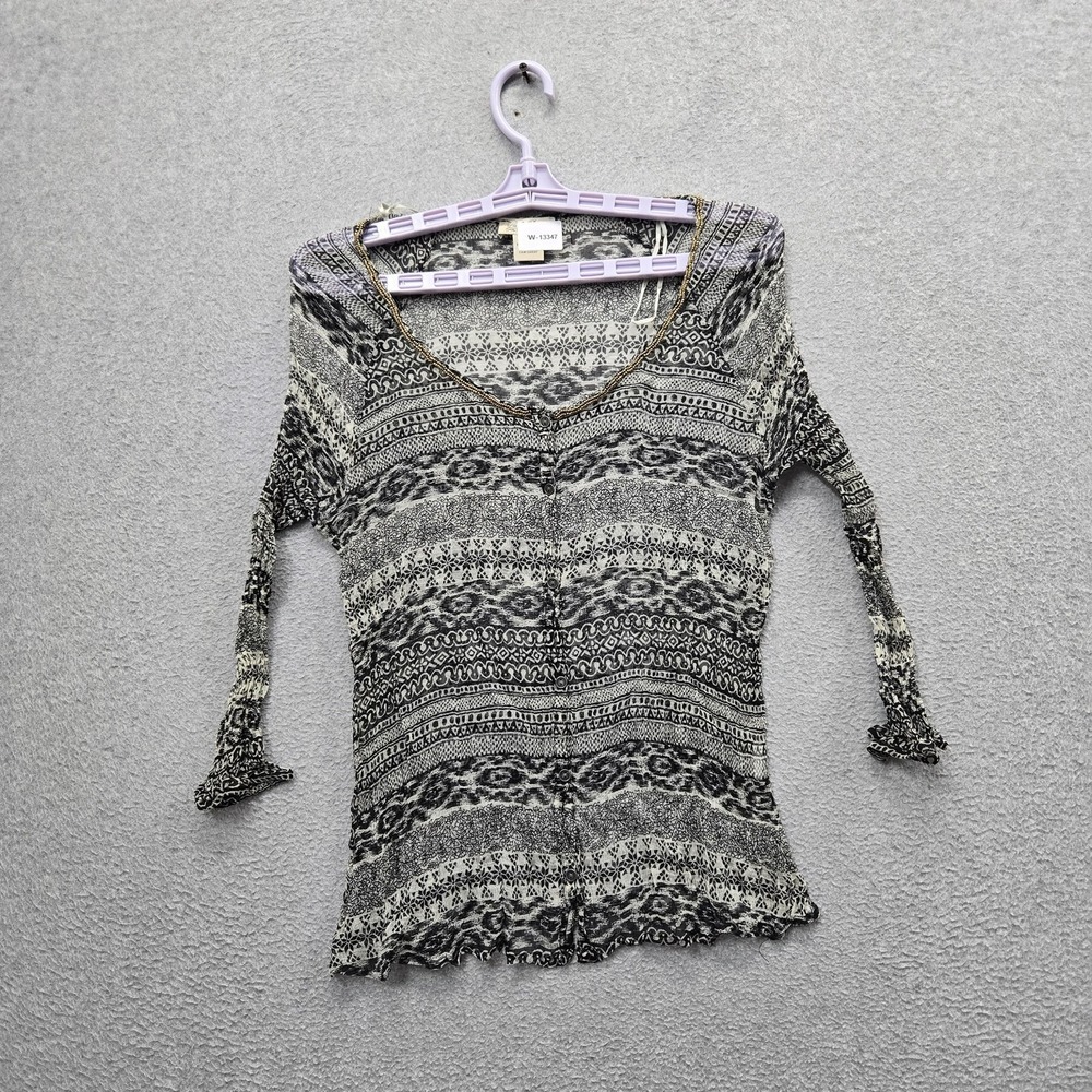 Lucky Brand Women Blouse M Black Geometric Button V-Neck Front Sheer
